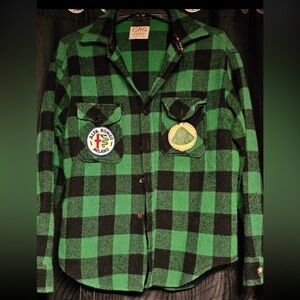 Vintage 1950s Green & black checker wool button up, patches- Alfa Romeo & Lotus.